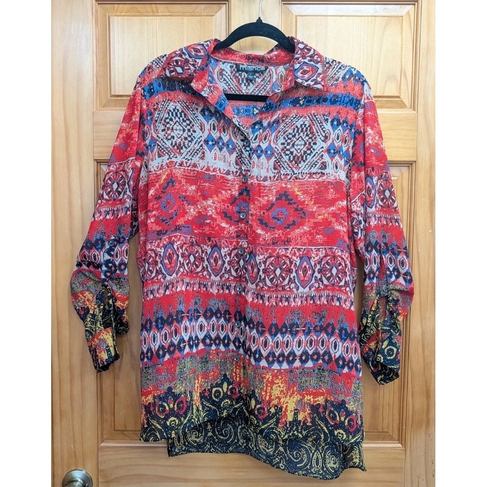 Mishca Women's Large Top Tunic Button-Down Front Button Tab Long Sleeves Shirt